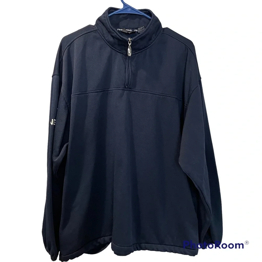 Ping Quarter Zip Navy Golf Pullover with Ball Pocket Like New Large Cotton Blend